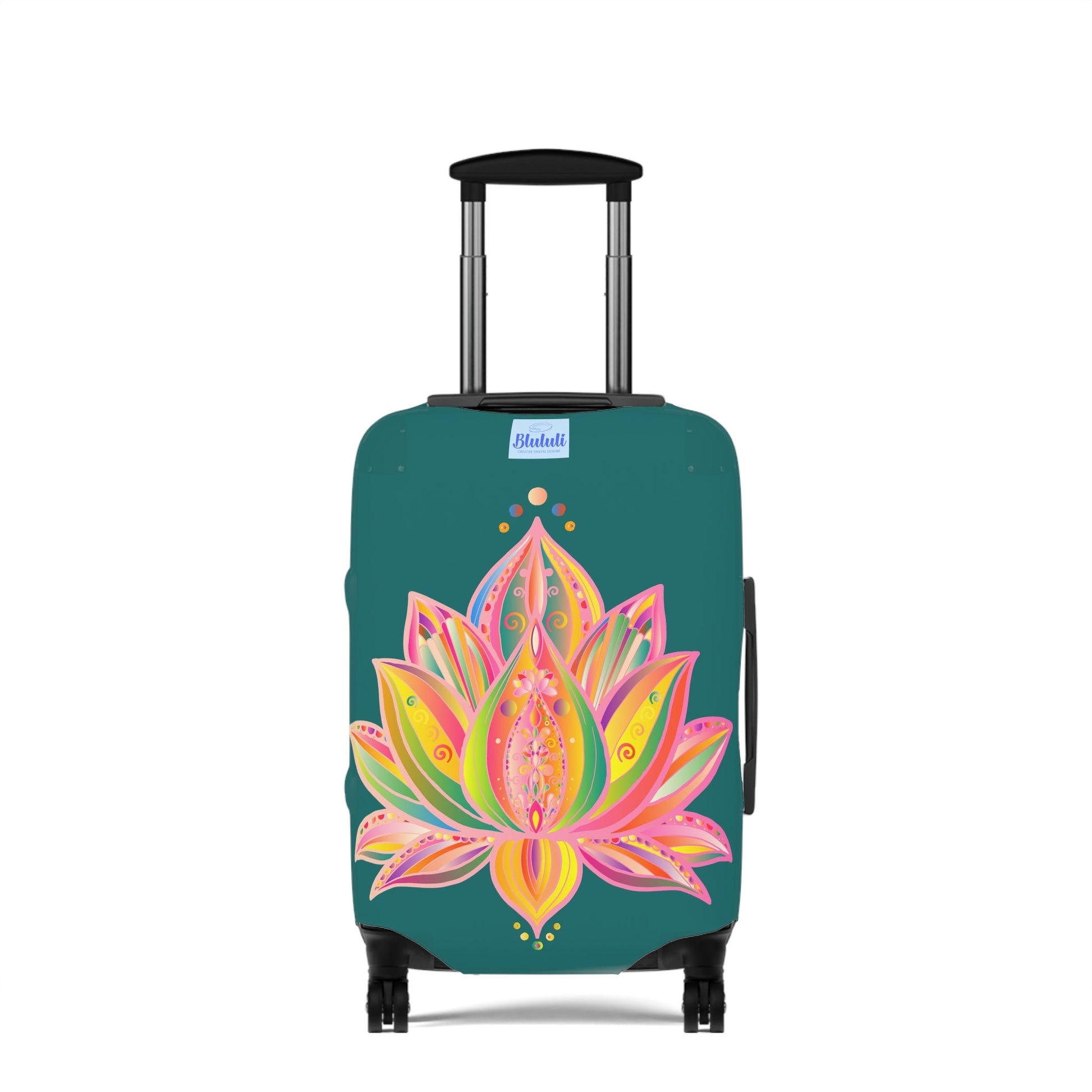 Luggage Cover - Lotus Flower Hand Drawn Mandala Art Pink and Petroleum Green Shades - Available in Three Sizes Accessories - Blululi