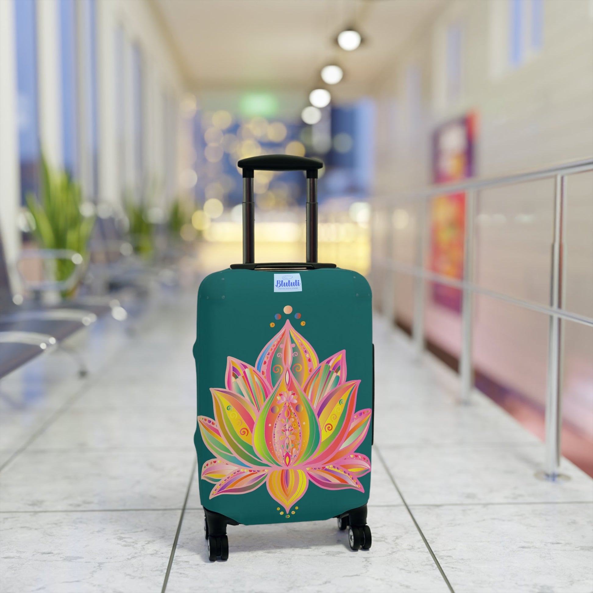 Luggage Cover - Lotus Flower Hand Drawn Mandala Art Pink and Petroleum Green Shades - Available in Three Sizes Accessories - Blululi