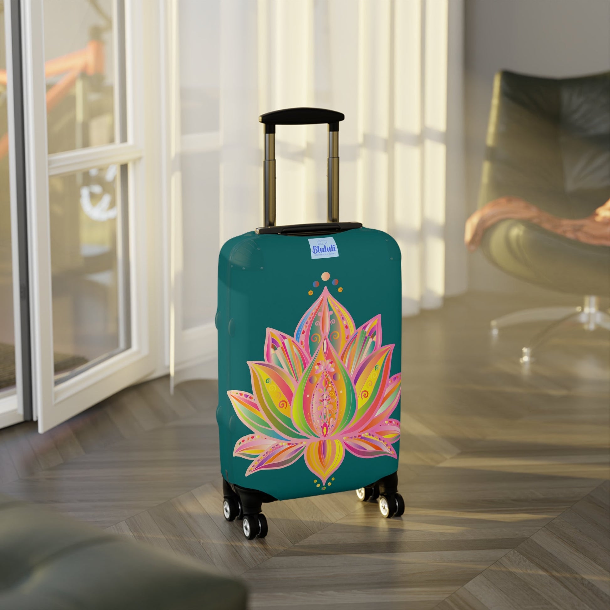 Luggage Cover - Lotus Flower Hand Drawn Mandala Art Pink and Petroleum Green Shades - Available in Three Sizes Accessories - Blululi