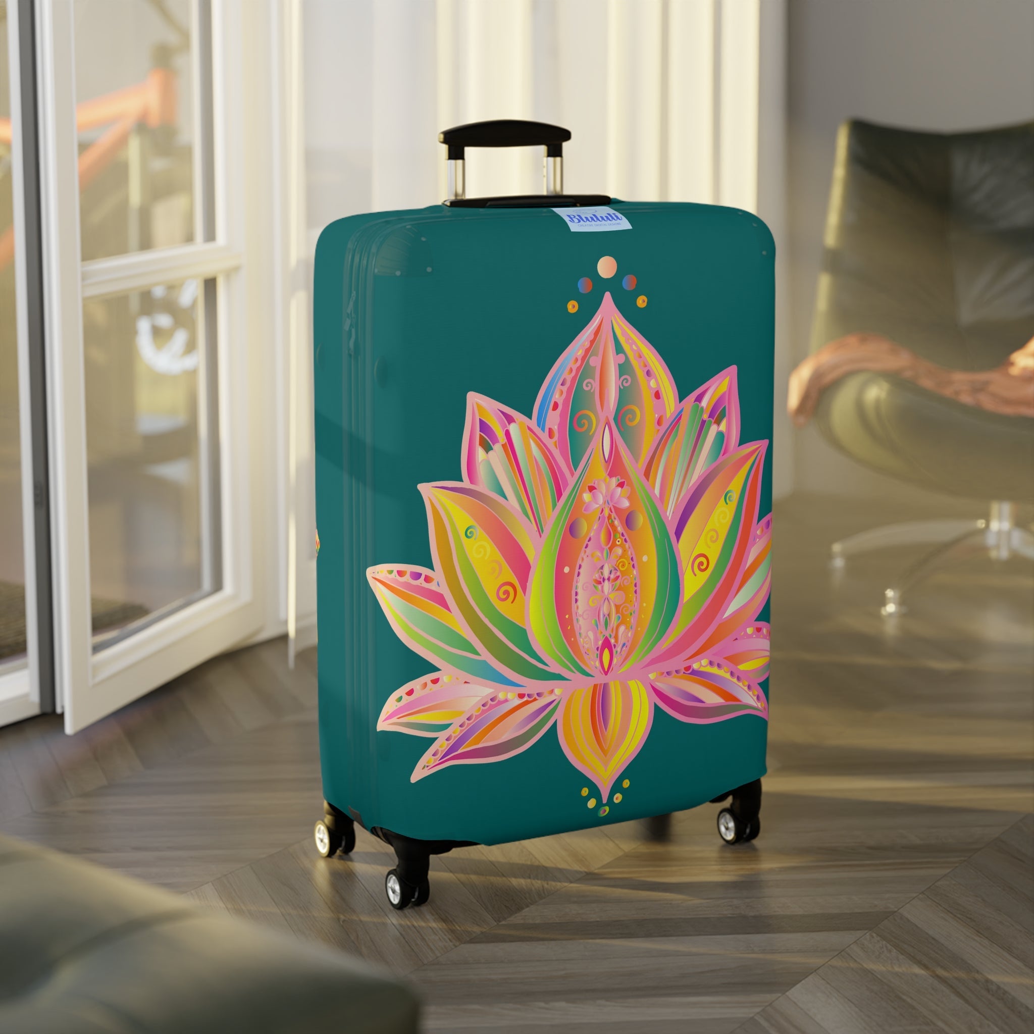 Luggage Cover - Lotus Flower Hand Drawn Mandala Art Pink and Petroleum Green Shades - Available in Three Sizes Accessories - Blululi