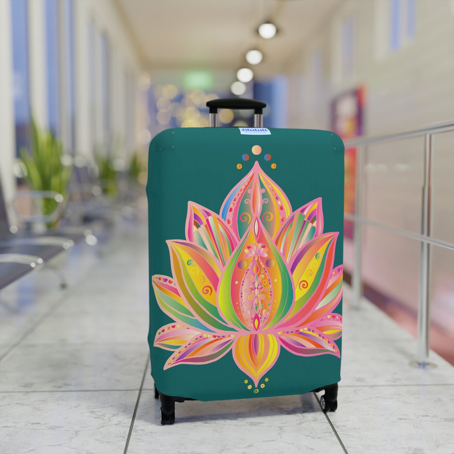 Luggage Cover - Lotus Flower Hand Drawn Mandala Art Pink and Petroleum Green Shades - Available in Three Sizes Accessories - Blululi