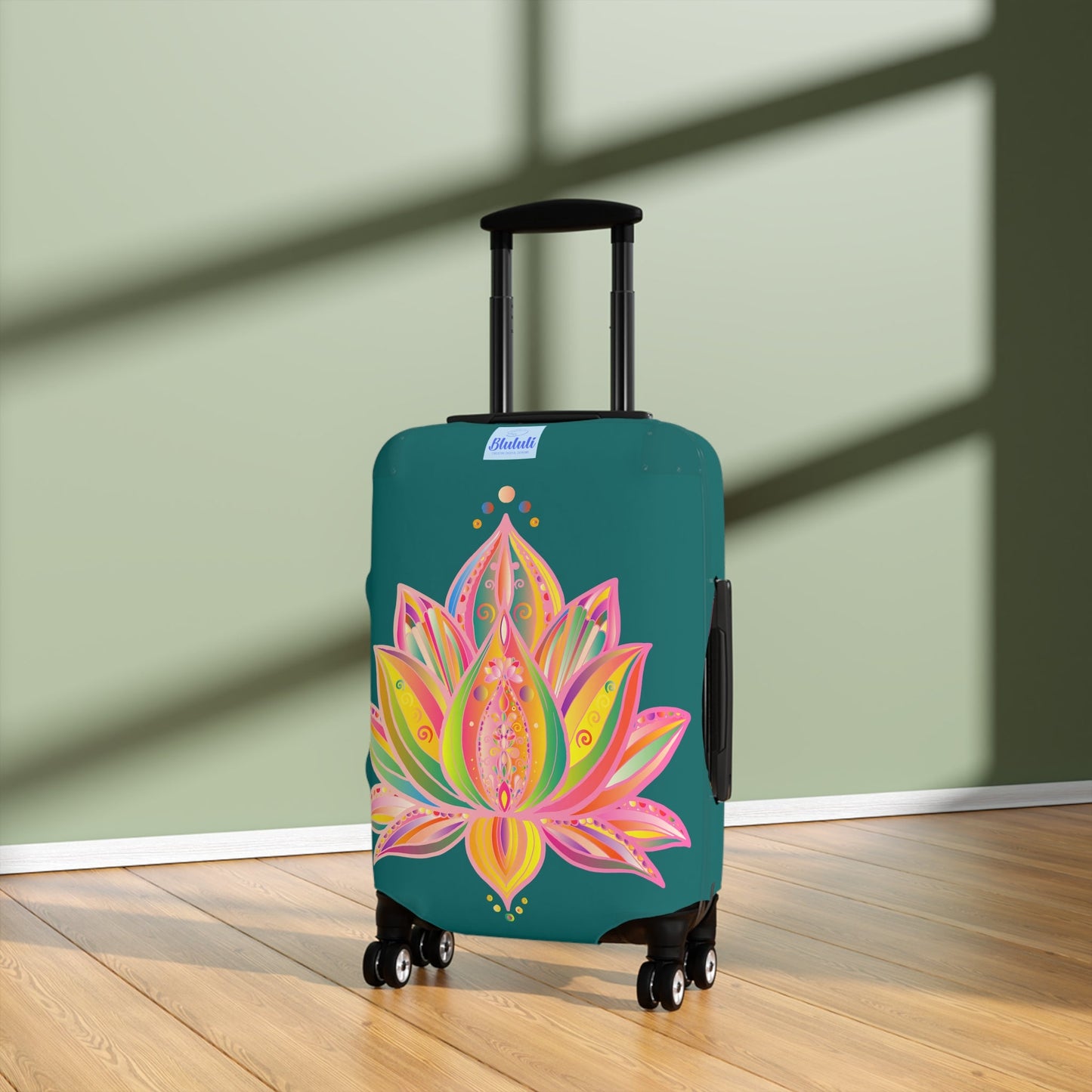 Luggage Cover - Lotus Flower Hand Drawn Mandala Art Pink and Petroleum Green Shades - Available in Three Sizes Accessories - Blululi