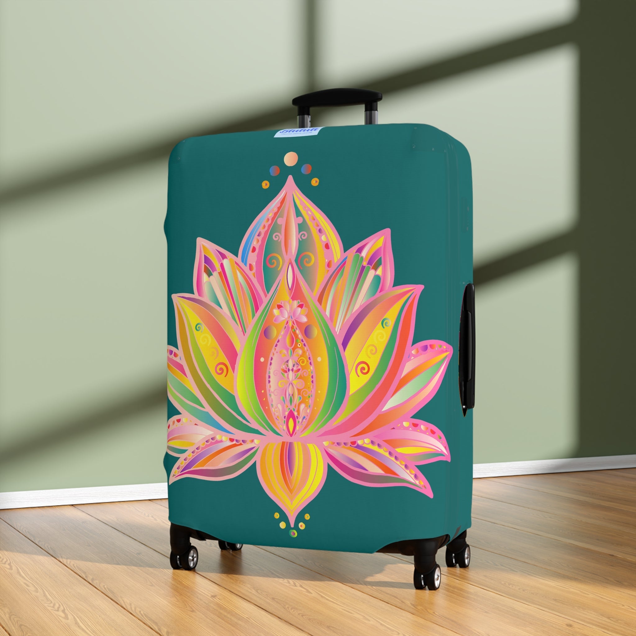 Luggage Cover - Lotus Flower Hand Drawn Mandala Art Pink and Petroleum Green Shades - Available in Three Sizes Accessories - Blululi