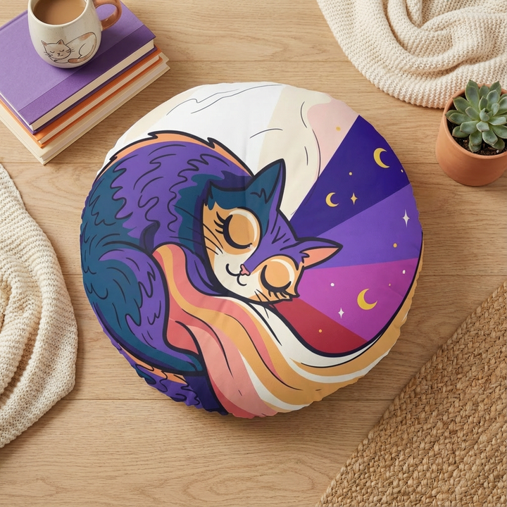 Blue and purple Surreal Cozy Cat Comfort round floor pillow in a lifestyle setting, showing a plush tufted cushion with vibrant colors. Close-up view highlighting the cat-inspired design and cozy texture in a modern living room.