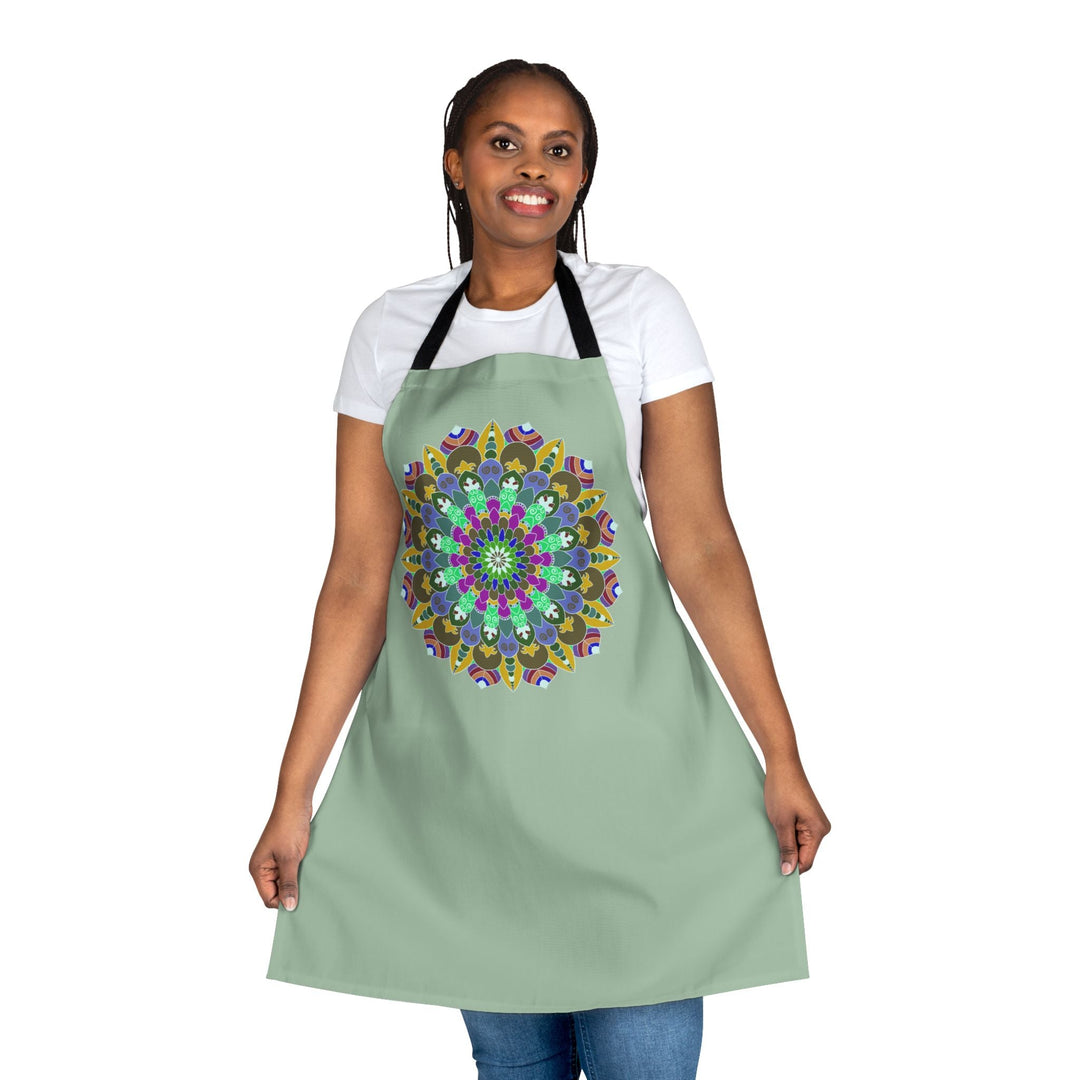 Mandala Art Apron - Sage Green, Hand - Drawn Design All Over Prints - Blululi