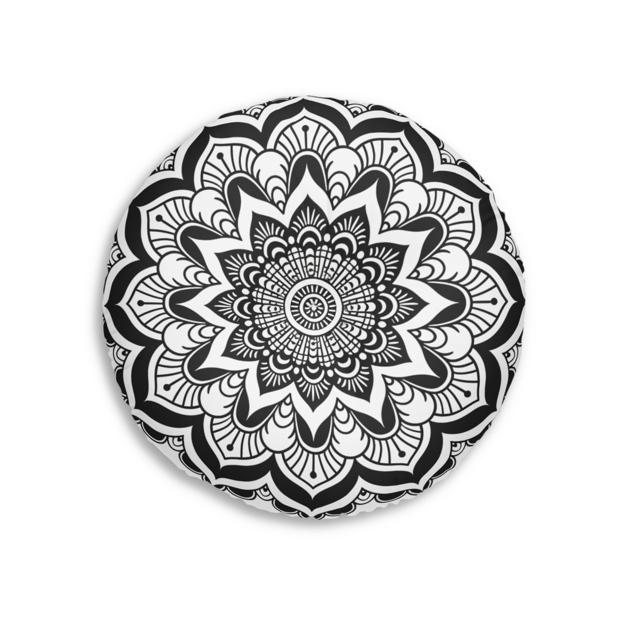 Mandala Art Black and White Floor Cushion - Tufted Floor Pillow, Round - Blululi