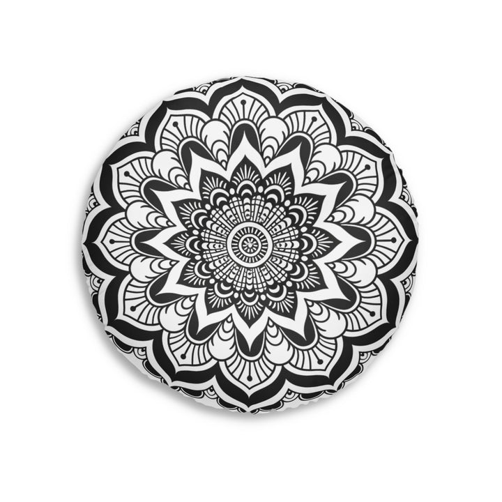 Mandala Art Black and White Floor Cushion - Tufted Floor Pillow, Round - Blululi