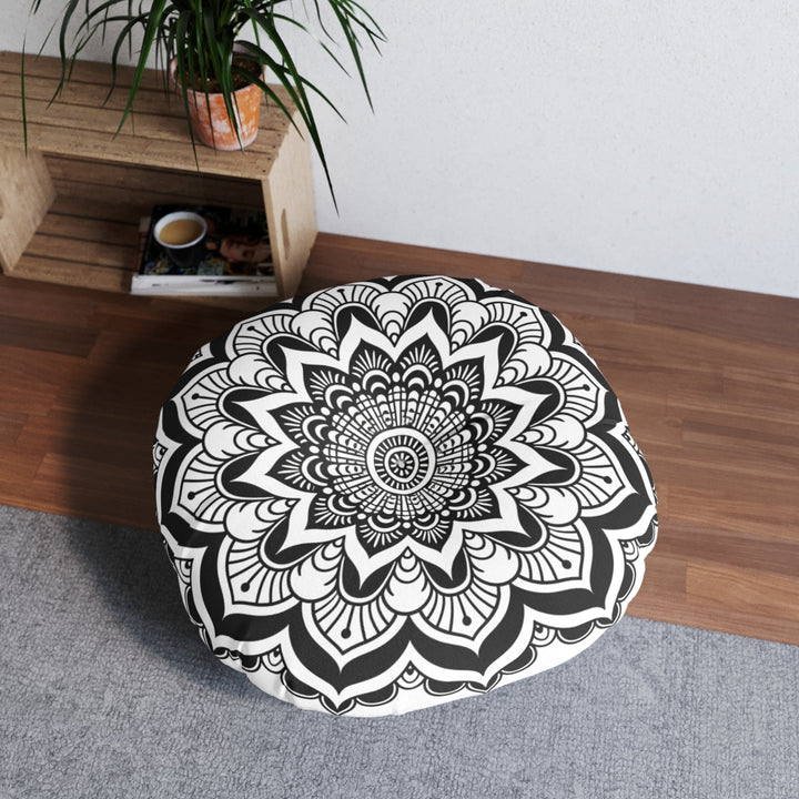 Mandala Art Black and White Floor Cushion - Tufted Floor Pillow, Round - Blululi