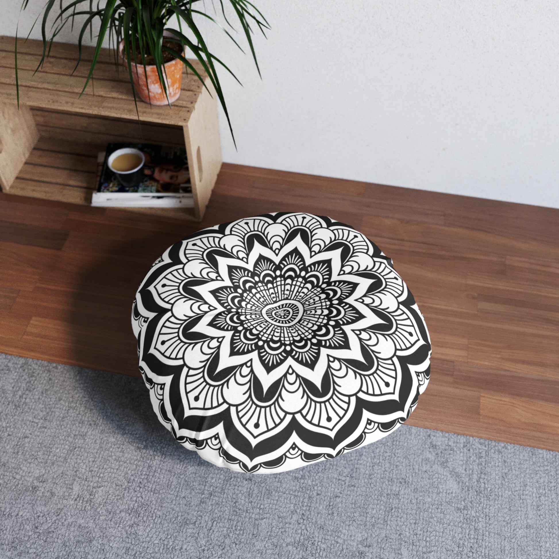 Mandala Art Black and White Floor Cushion - Tufted Floor Pillow, Round - Blululi