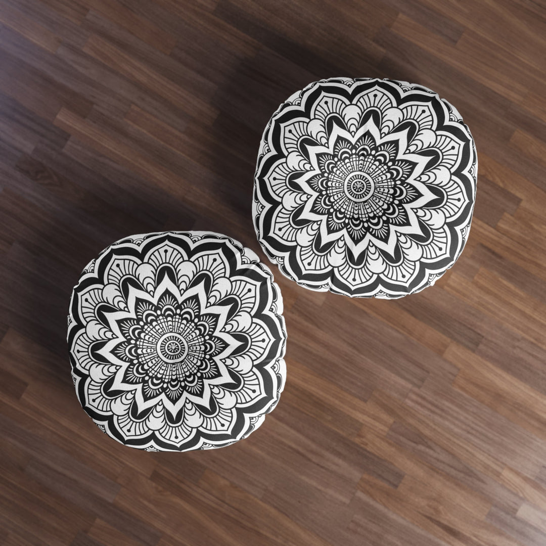 Mandala Art Black and White Floor Cushion - Tufted Floor Pillow, Round - Blululi