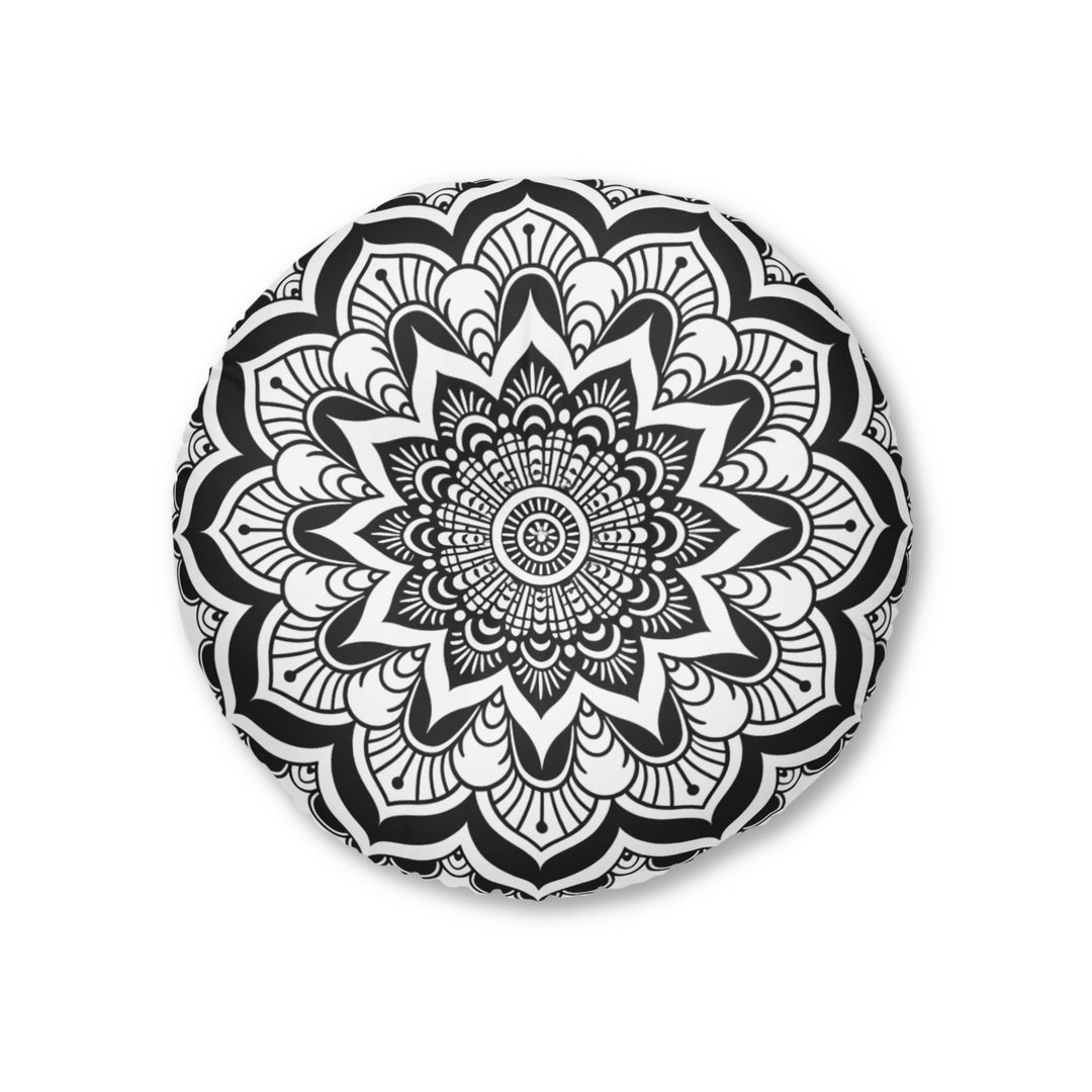 Mandala Art Black and White Floor Cushion - Tufted Floor Pillow, Round - Blululi