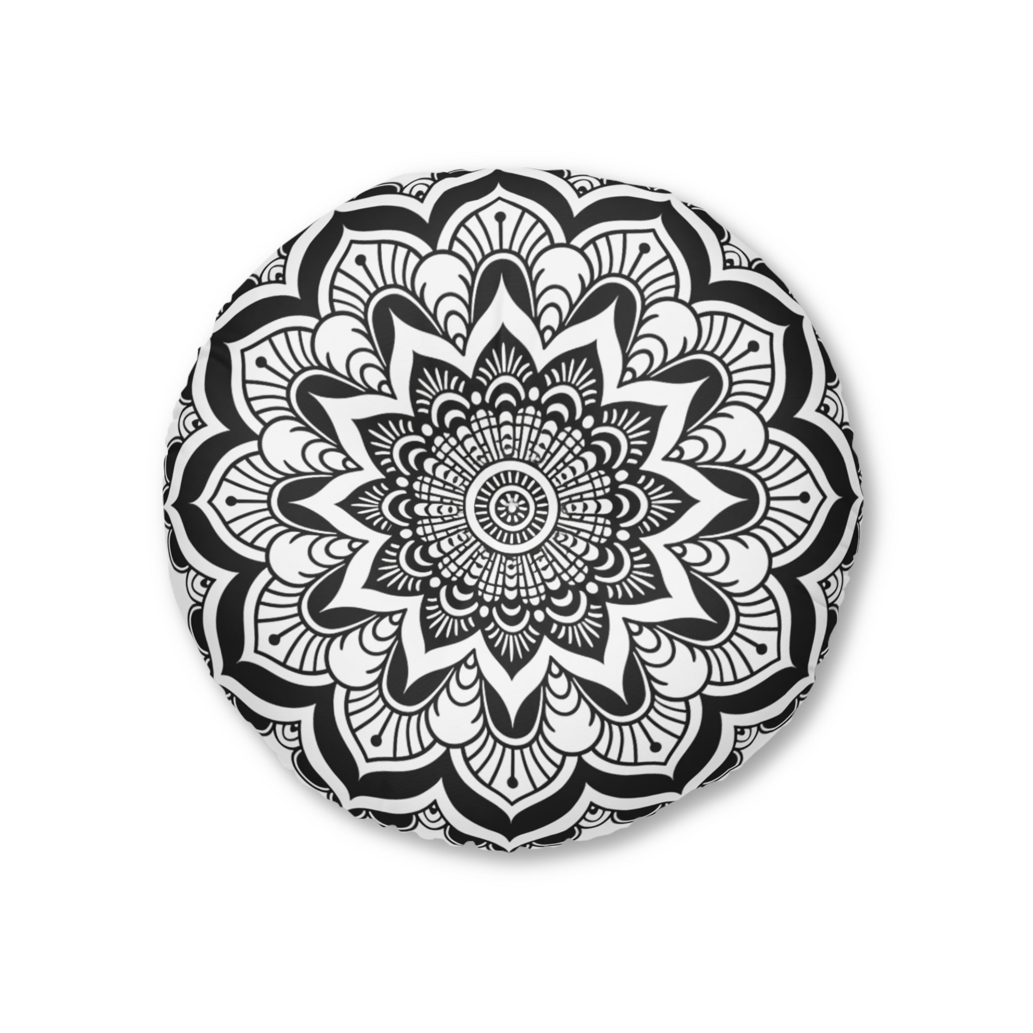 Mandala Art Black and White Floor Cushion - Tufted Floor Pillow, Round - Blululi