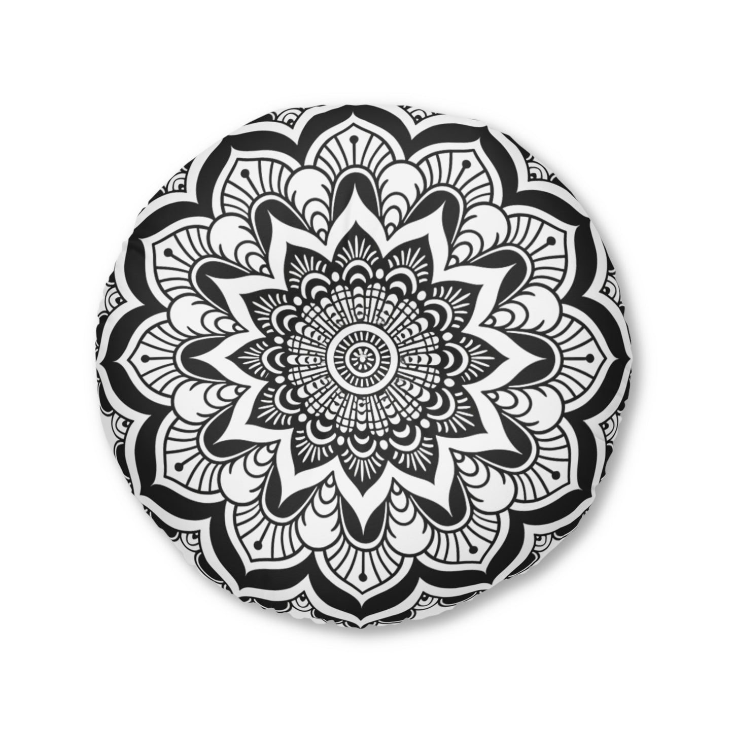 Mandala Art Black and White Floor Cushion - Tufted Floor Pillow, Round - Blululi