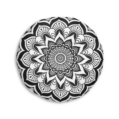 Mandala Art Black and White Floor Cushion - Tufted Floor Pillow, Round - Blululi