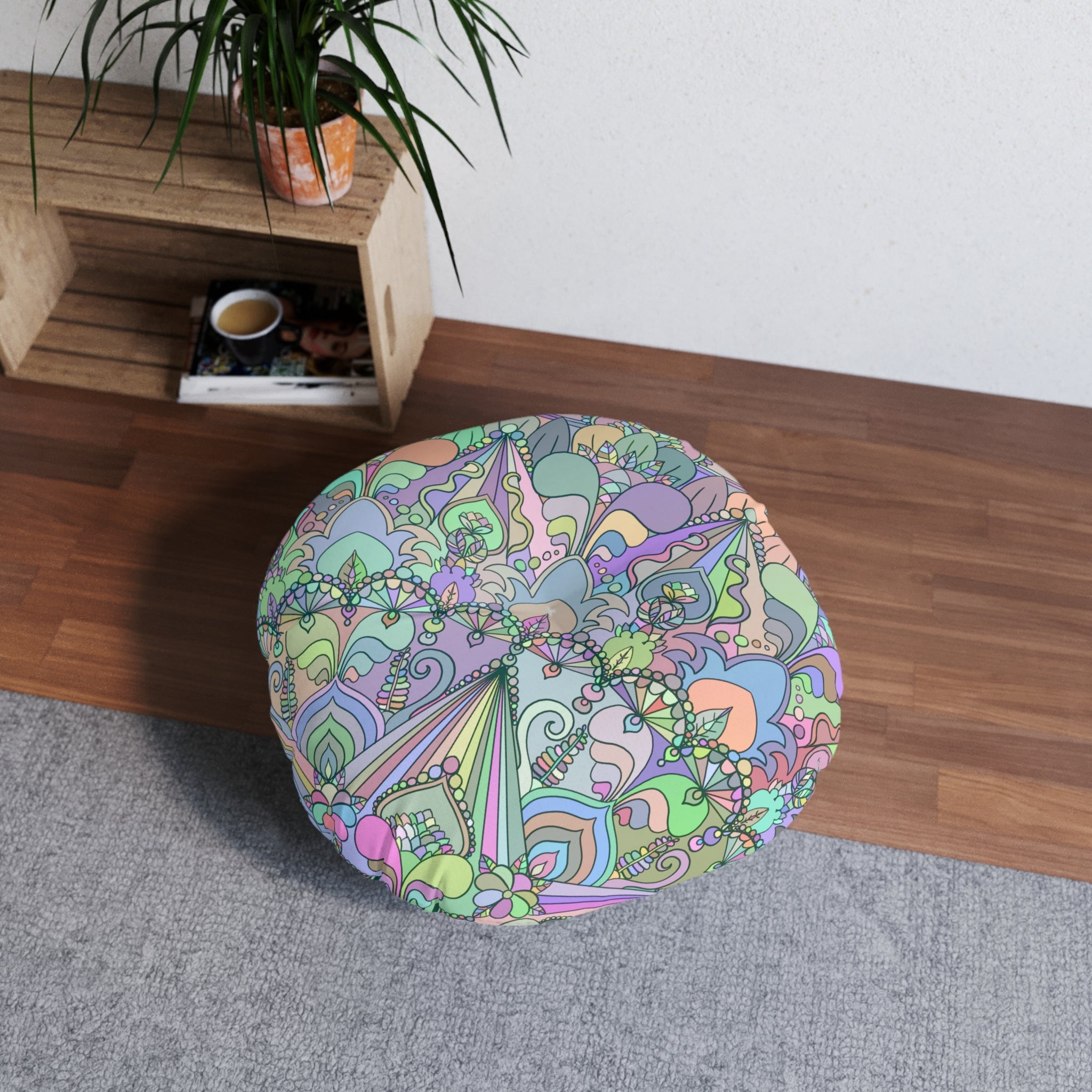 Mandala Art Drawn by Hand Floor Cushion - Tufted Floor Pillow, Round - Blululi