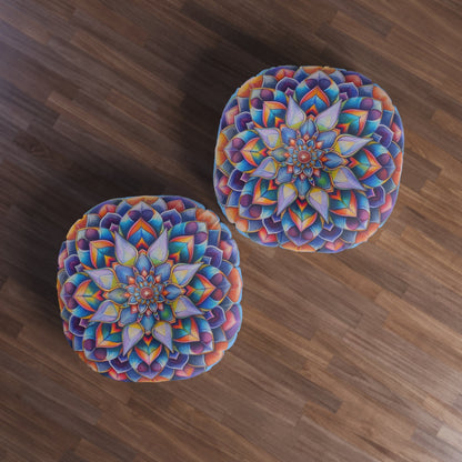 Mandala Art Floor Cushion Beautiful - Tufted Floor Pillow, Round - Blululi