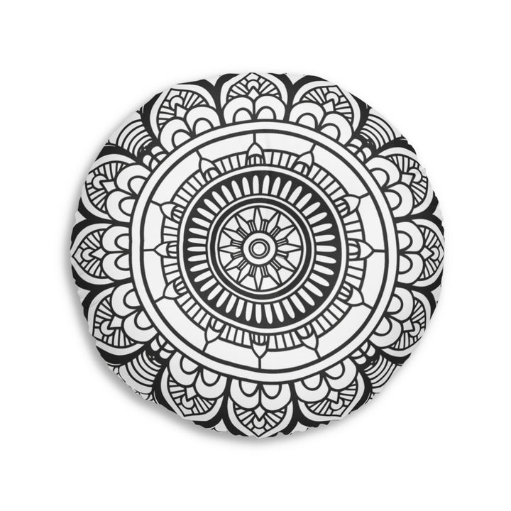 Mandala Art Floor Cushion Black and white - Tufted Floor Pillow, Round - Blululi