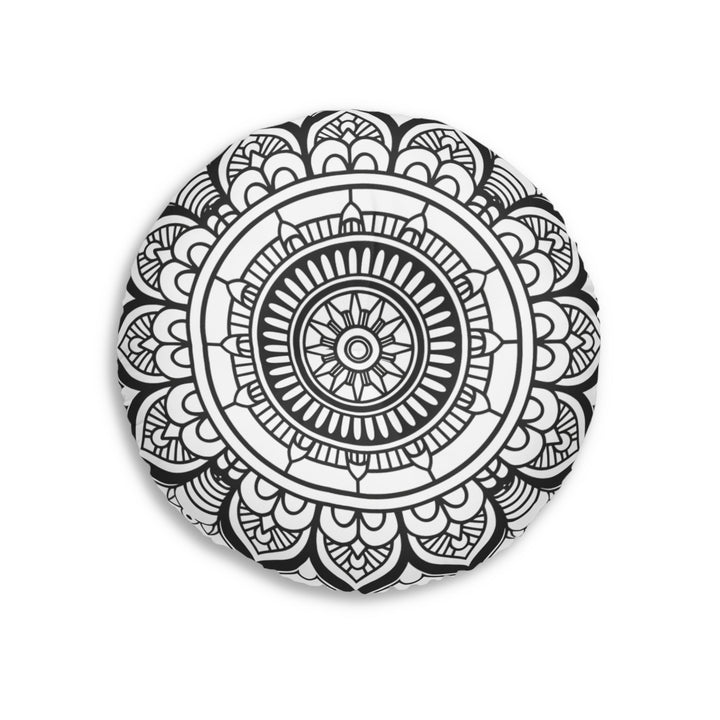 Mandala Art Floor Cushion Black and white - Tufted Floor Pillow, Round - Blululi