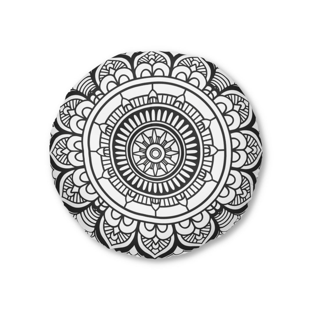 Mandala Art Floor Cushion Black and white - Tufted Floor Pillow, Round - Blululi