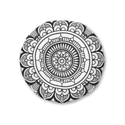 Mandala Art Floor Cushion Black and white - Tufted Floor Pillow, Round - Blululi