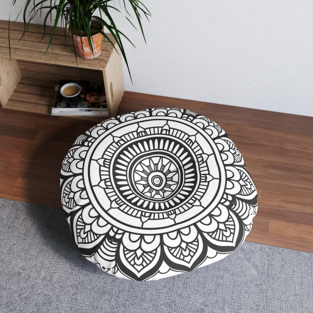 Mandala Art Floor Cushion Black and white - Tufted Floor Pillow, Round - Blululi