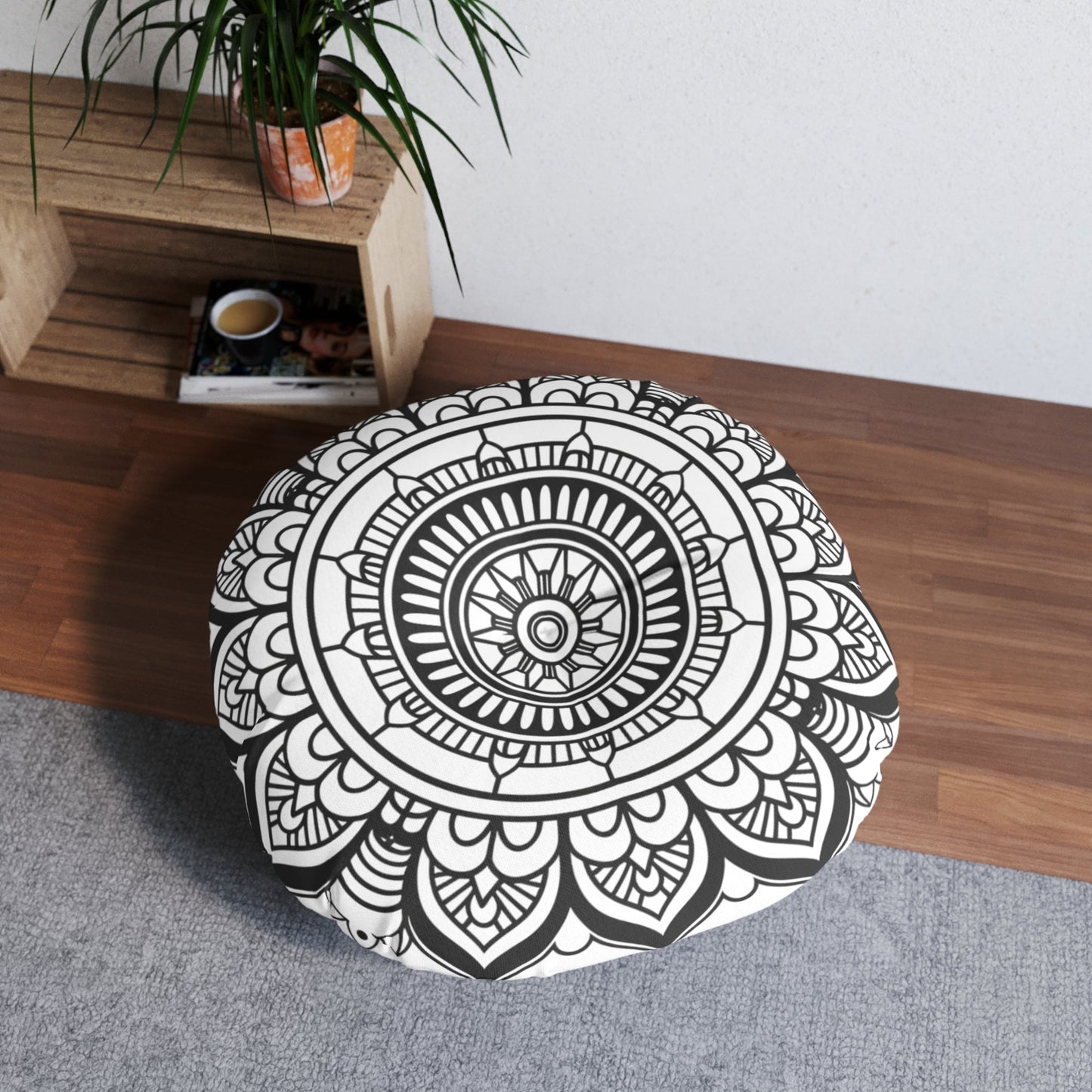 Mandala Art Floor Cushion Black and white - Tufted Floor Pillow, Round - Blululi