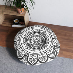 Mandala Art Floor Cushion Black and white - Tufted Floor Pillow, Round - Blululi