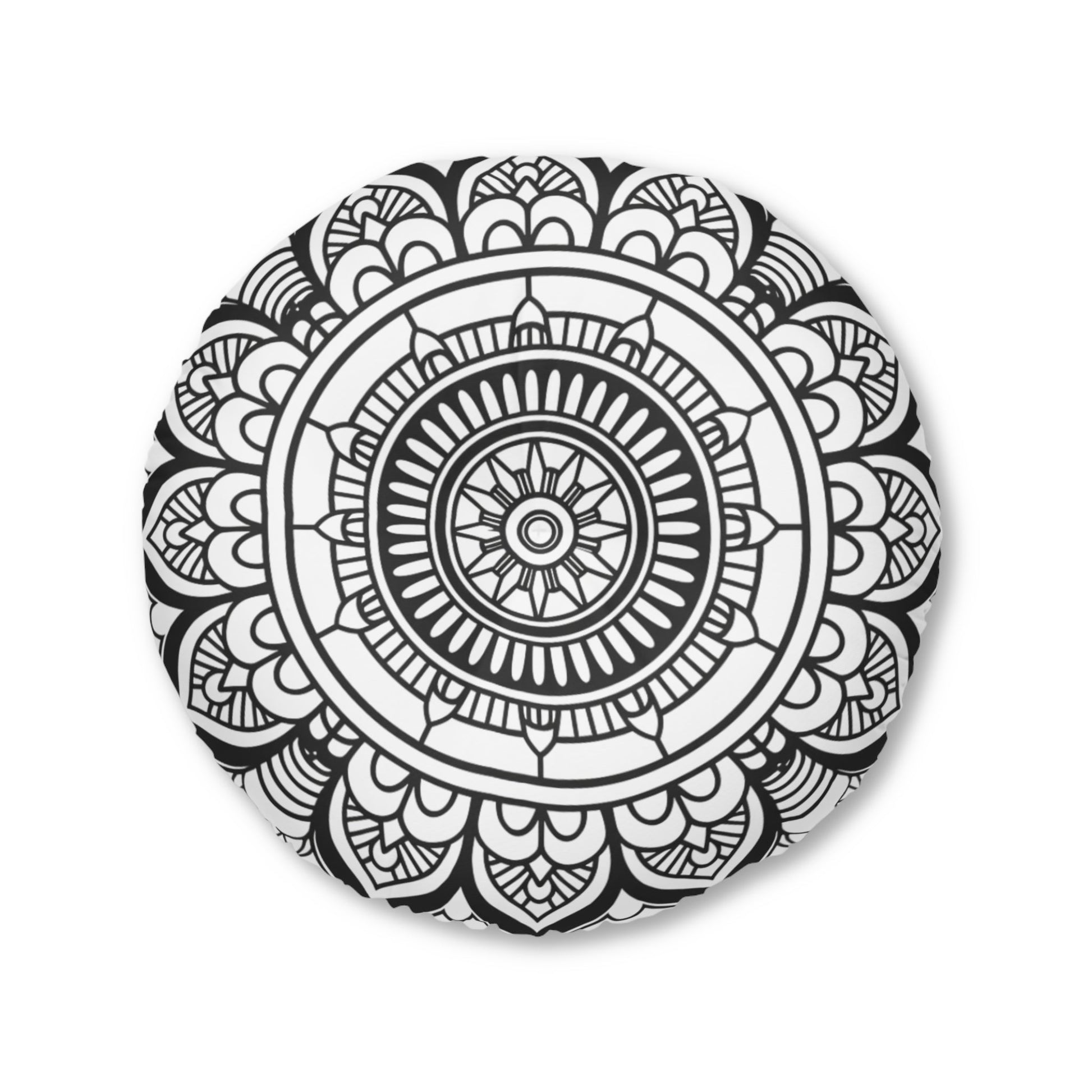 Mandala Art Floor Cushion Black and white - Tufted Floor Pillow, Round - Blululi