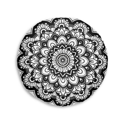 Mandala Art Floor Cushion Black - Tufted Floor Pillow, Round - Blululi