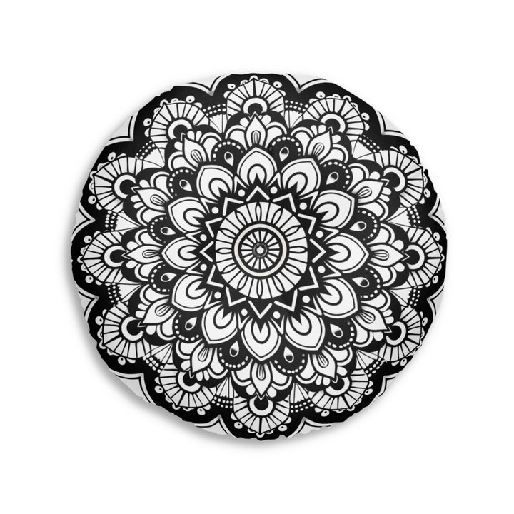 Mandala Art Floor Cushion Black - Tufted Floor Pillow, Round - Blululi