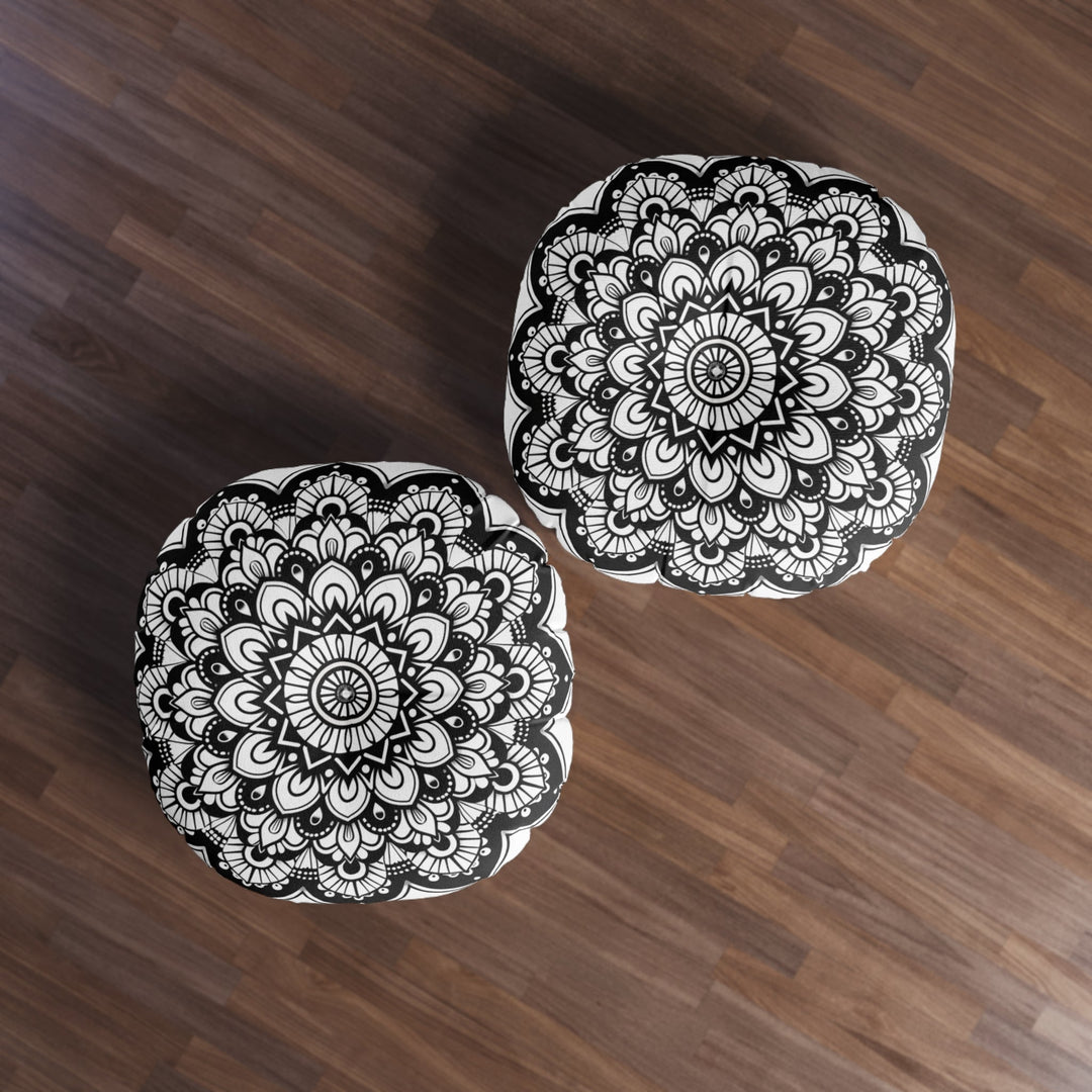 Mandala Art Floor Cushion Black - Tufted Floor Pillow, Round - Blululi