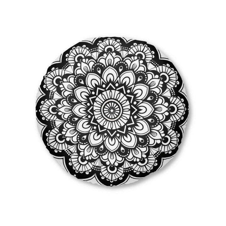 Mandala Art Floor Cushion Black - Tufted Floor Pillow, Round - Blululi