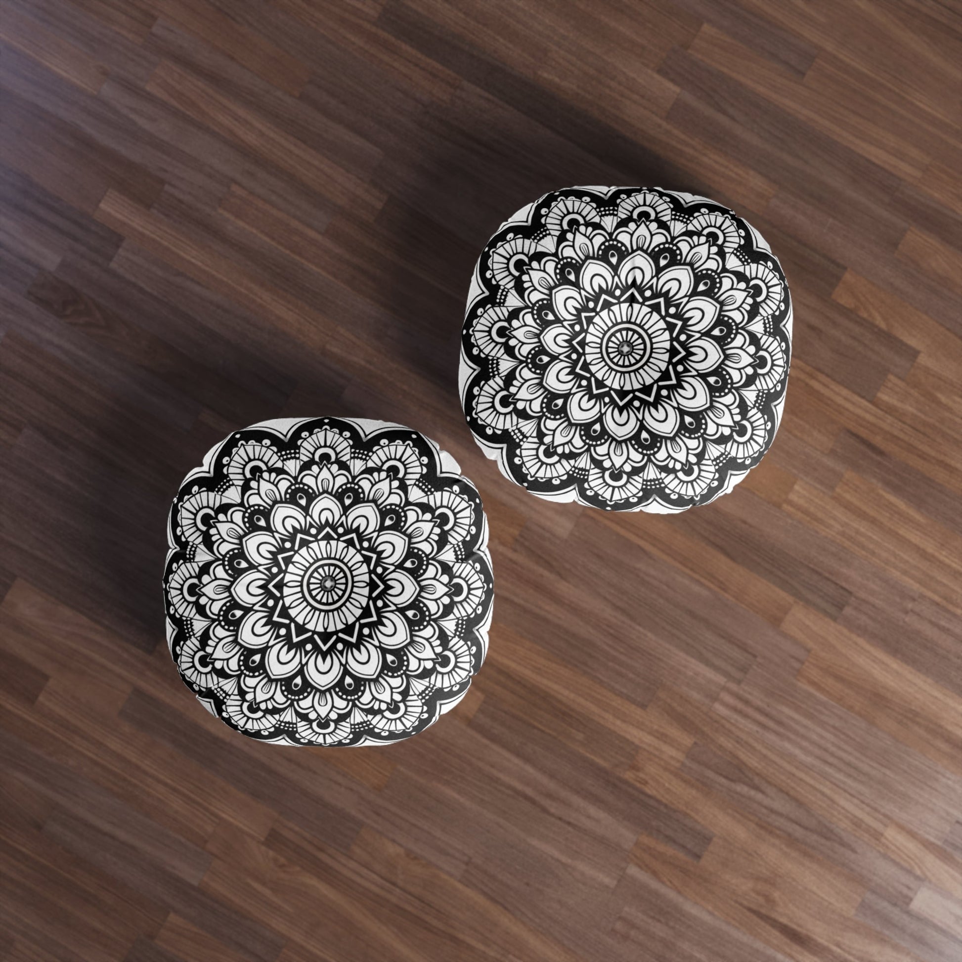 Mandala Art Floor Cushion Black - Tufted Floor Pillow, Round - Blululi