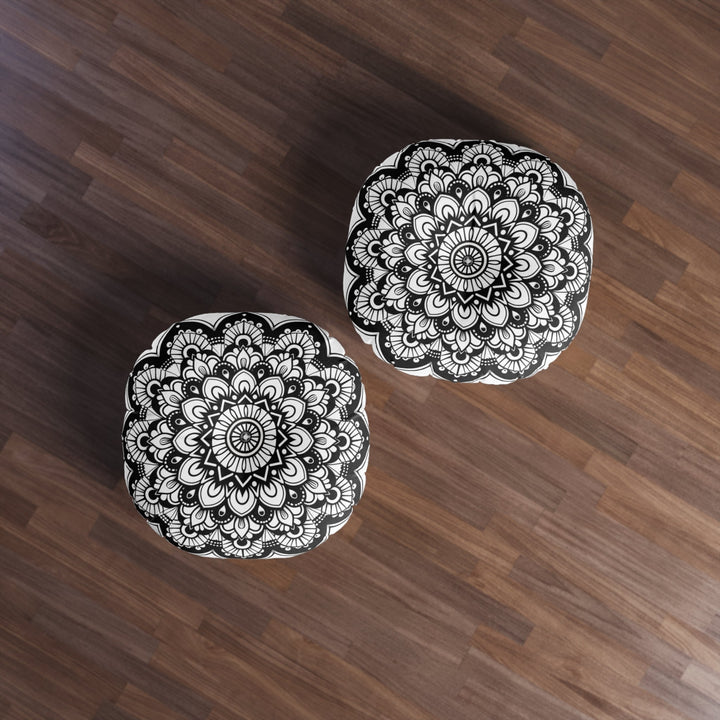 Mandala Art Floor Cushion Black - Tufted Floor Pillow, Round - Blululi