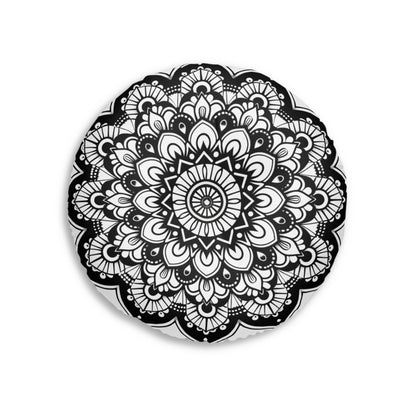 Mandala Art Floor Cushion Black - Tufted Floor Pillow, Round - Blululi