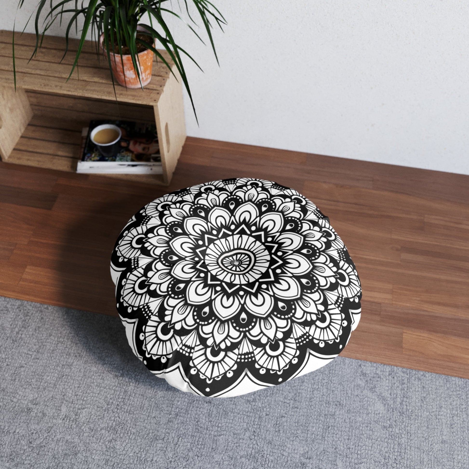 Mandala Art Floor Cushion Black - Tufted Floor Pillow, Round - Blululi