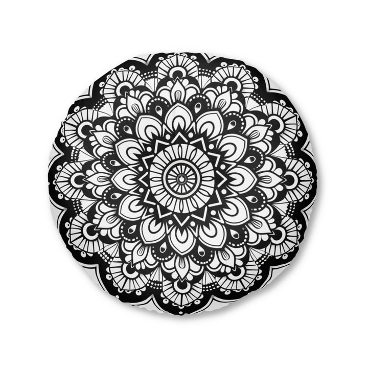 Mandala Art Floor Cushion Black - Tufted Floor Pillow, Round - Blululi