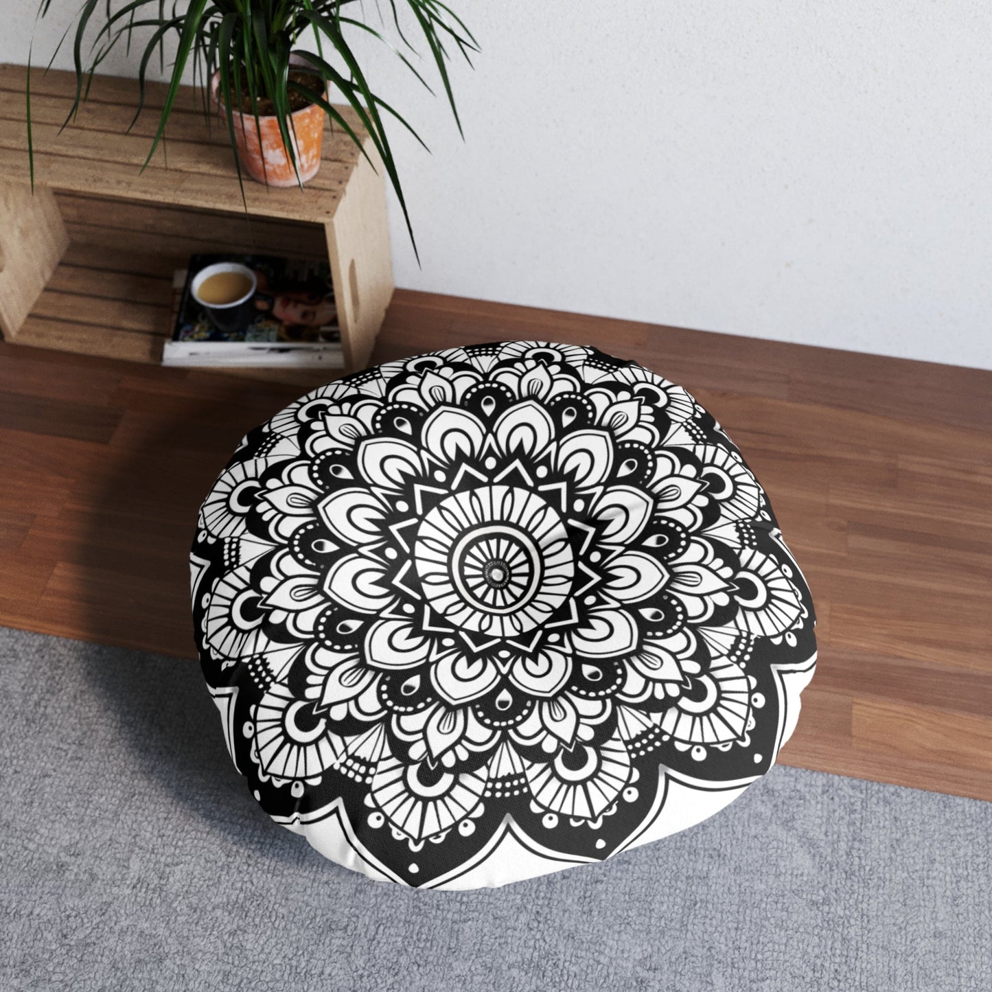 Mandala Art Floor Cushion Black - Tufted Floor Pillow, Round - Blululi