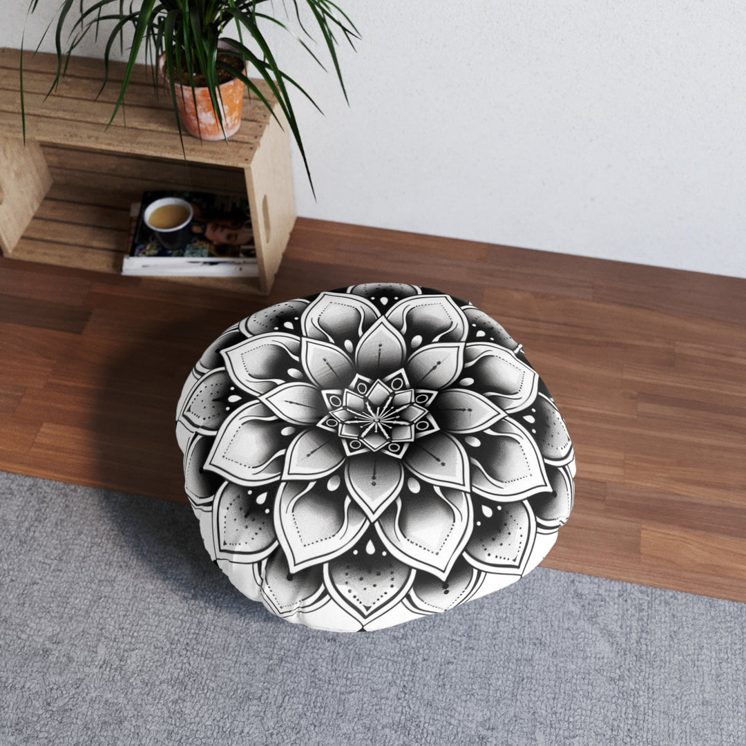 Mandala Art Floor Cushion Black & White - Tufted Floor Pillow, Round - Blululi