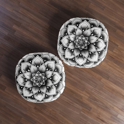 Mandala Art Floor Cushion Black & White - Tufted Floor Pillow, Round - Blululi