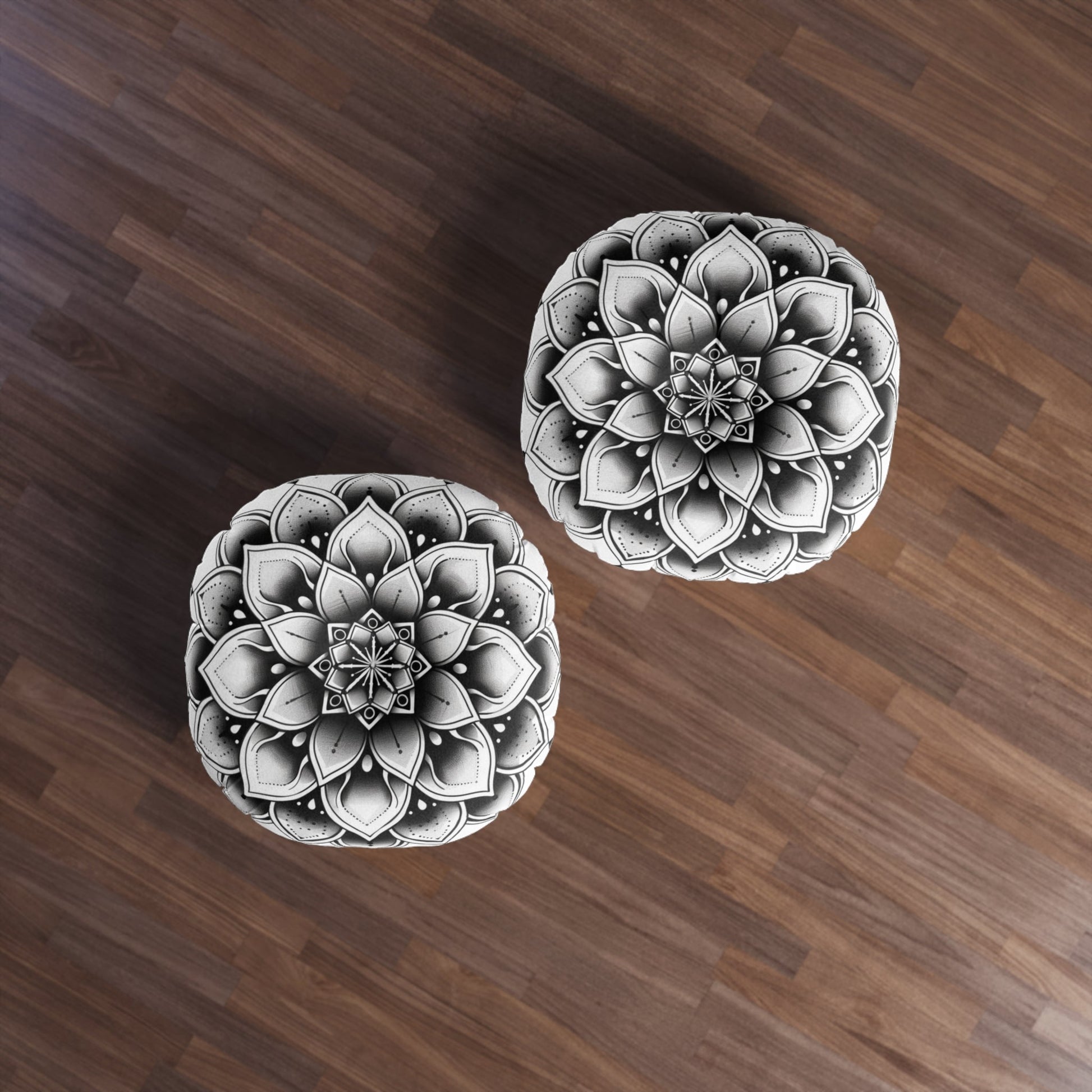 Mandala Art Floor Cushion Black & White - Tufted Floor Pillow, Round - Blululi