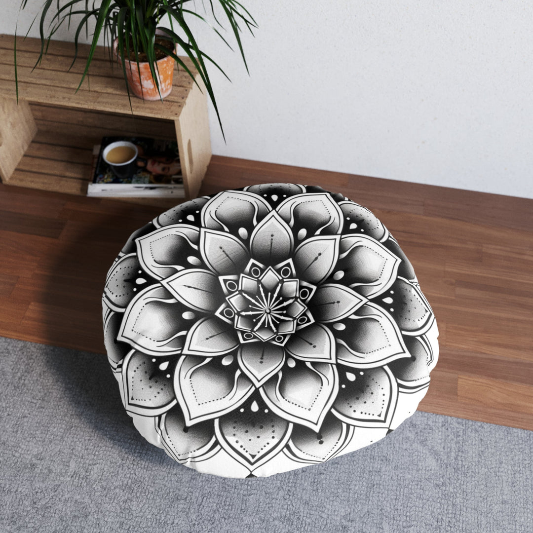 Mandala Art Floor Cushion Black & White - Tufted Floor Pillow, Round - Blululi