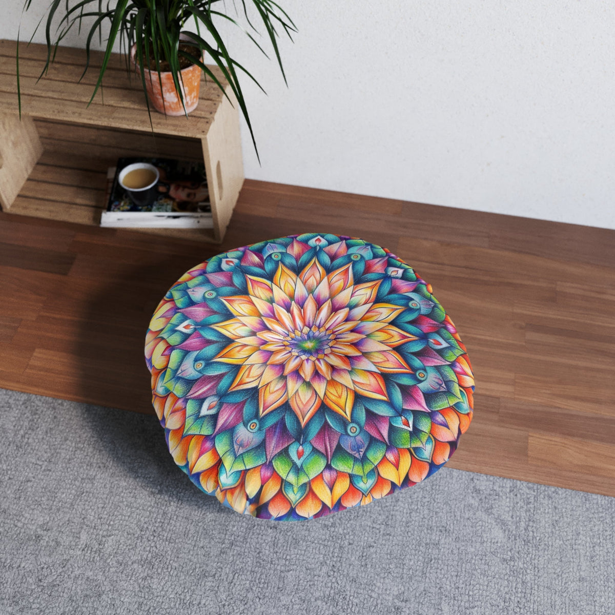 Mandala Art Floor Cushion Colorful - Tufted Floor Pillow, Round - Blululi