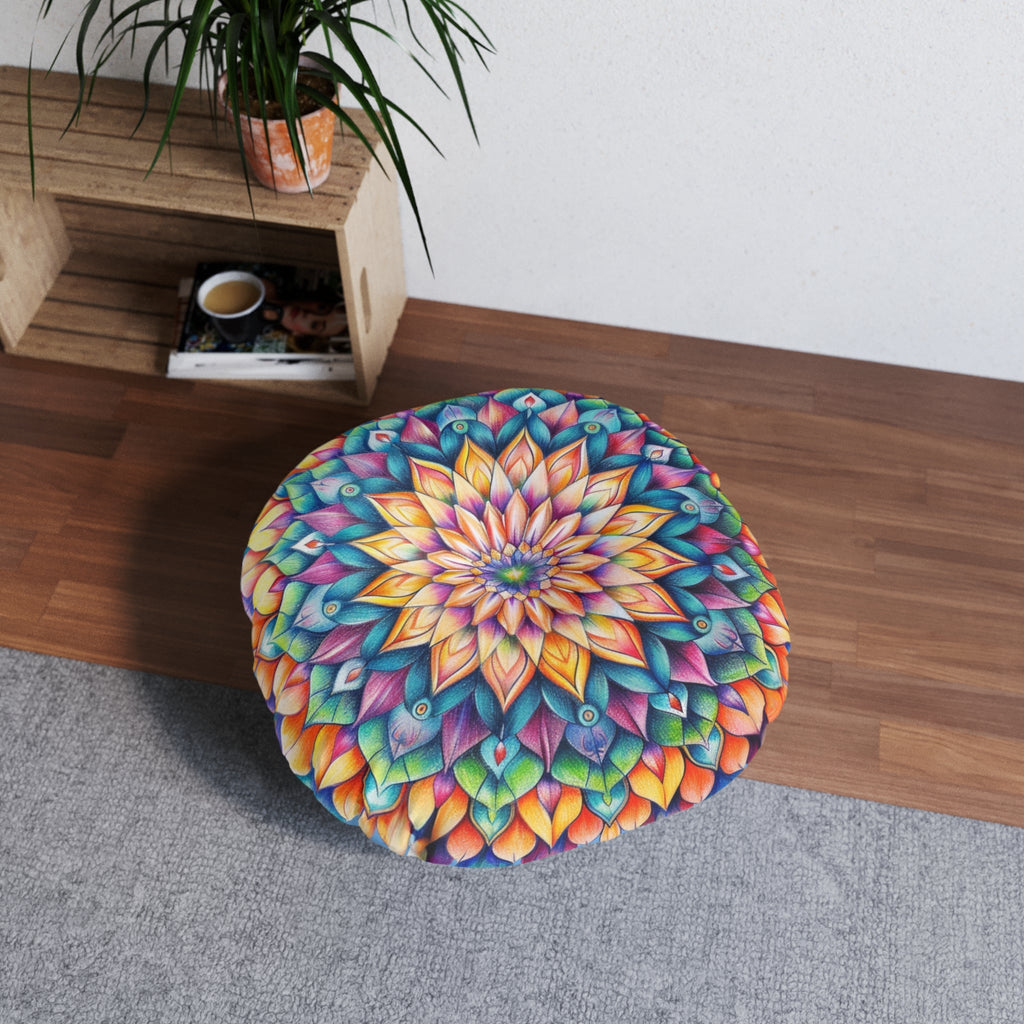 Mandala Art Floor Cushion Colorful - Tufted Floor Pillow, Round - Blululi