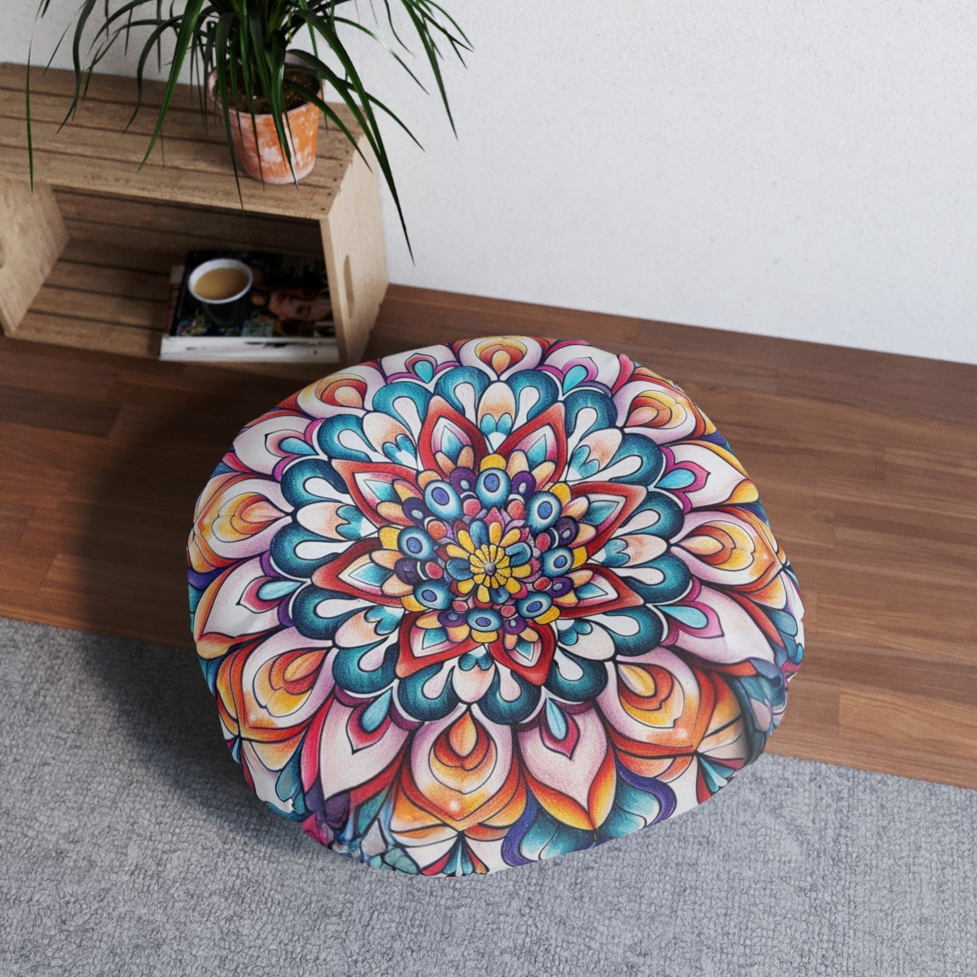 Mandala Art Floor Cushion Flowers - Tufted Floor Pillow, Round - Blululi