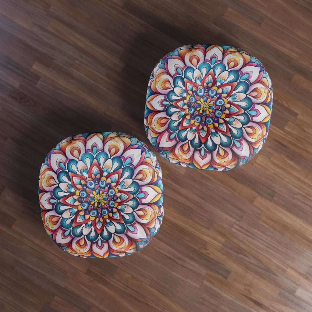 Mandala Art Floor Cushion Flowers - Tufted Floor Pillow, Round - Blululi