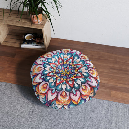 Mandala Art Floor Cushion Flowers - Tufted Floor Pillow, Round - Blululi