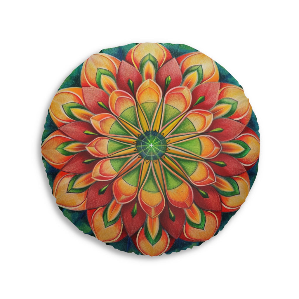 Mandala Art Floor Cushion Green Red - Tufted Floor Pillow, Round - Blululi