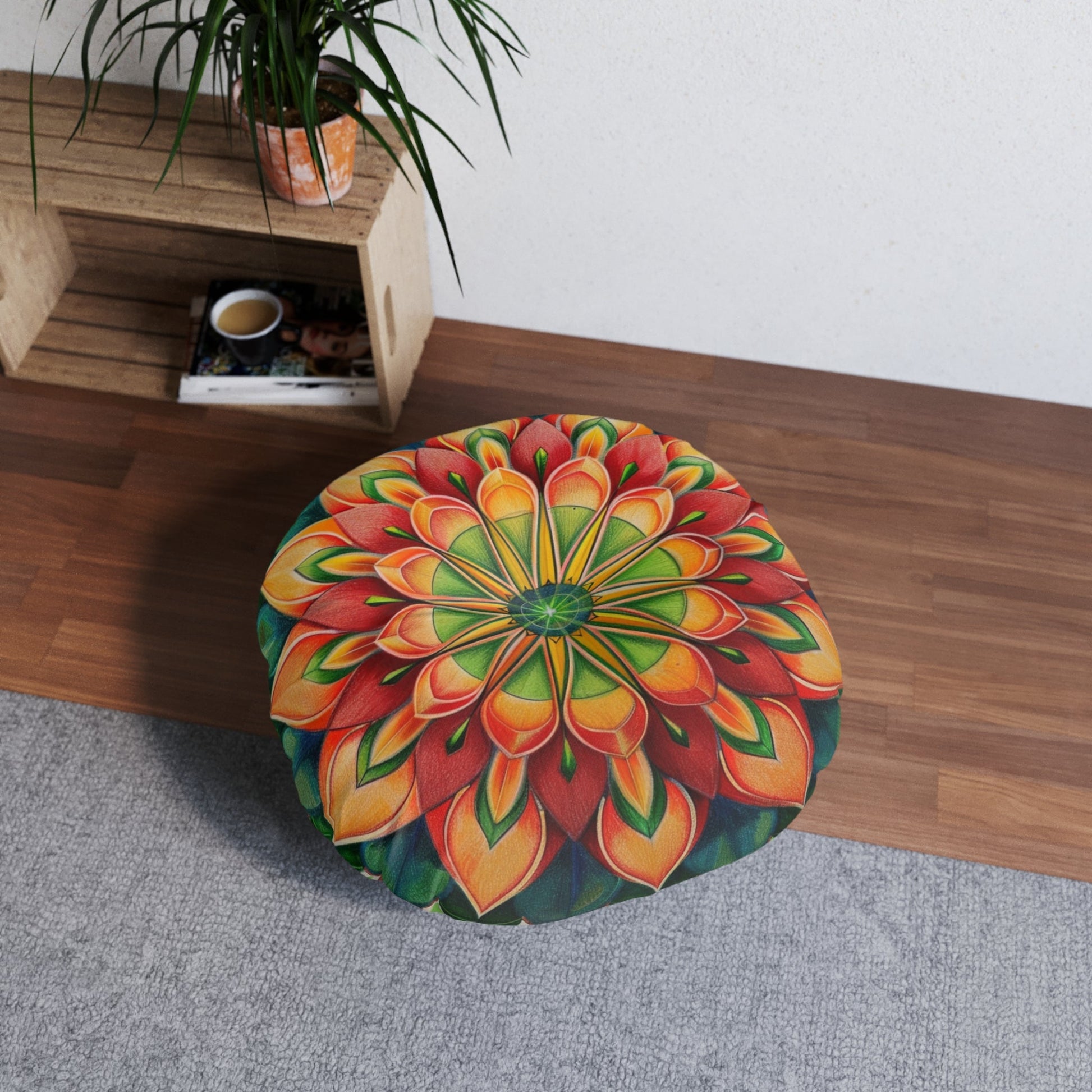 Mandala Art Floor Cushion Green Red - Tufted Floor Pillow, Round - Blululi