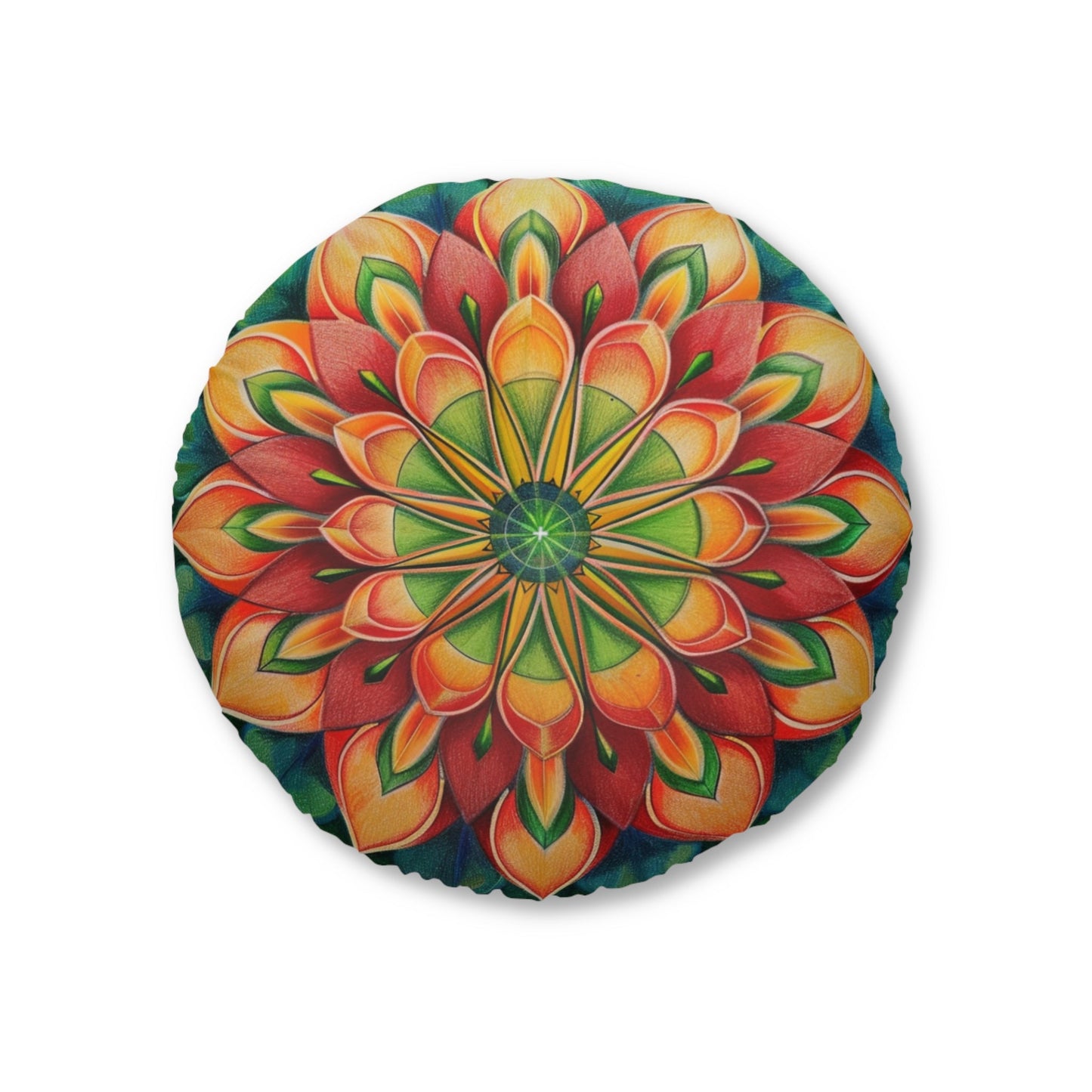 Mandala Art Floor Cushion Green Red - Tufted Floor Pillow, Round - Blululi